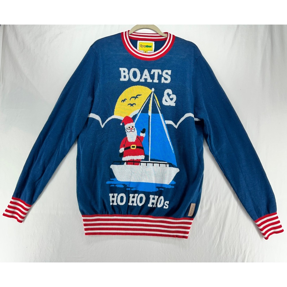 Tipsy Elves Mens Boats & Ho Ho Hos Santa Sailing Christmas Sweater Blue XL